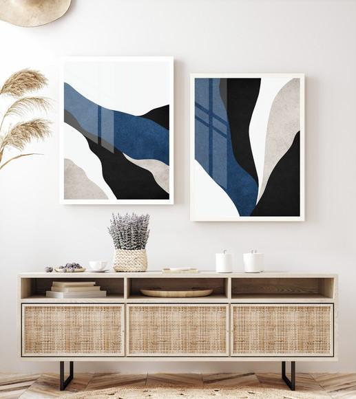 Kit 2 Quadros Decorativos Geométrico Azul Moldura e Vidro