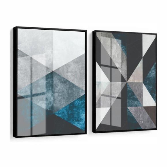 Kit 2 Quadros Decorativos Geométrico Azul Moldura E Vidro