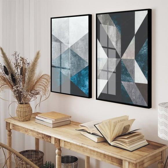 Kit 2 Quadros Decorativos Geométrico Azul Moldura E Vidro