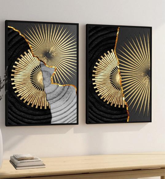 Kit 2 Quadros Decorativos Geométrico Dourado Gold Moldura