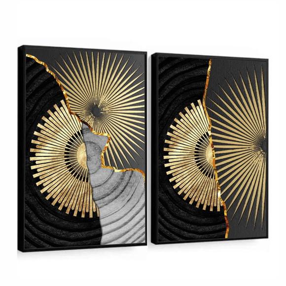 Kit 2 Quadros Decorativos Geométrico Dourado Gold Moldura
