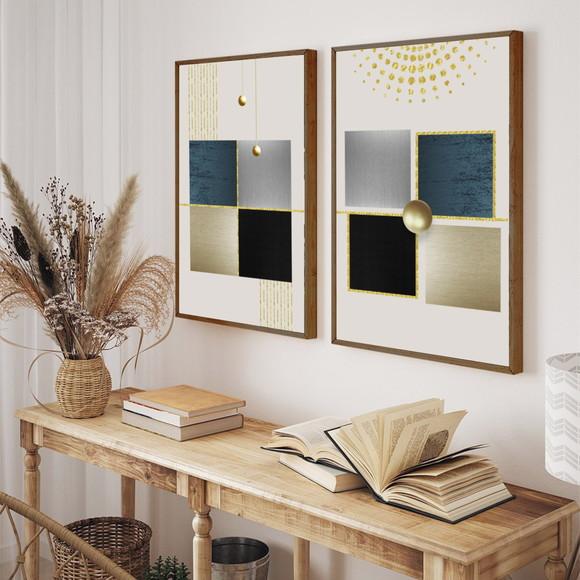 Kit 2 Quadros Decorativos Geométrico Dourado Moderno Moldura
