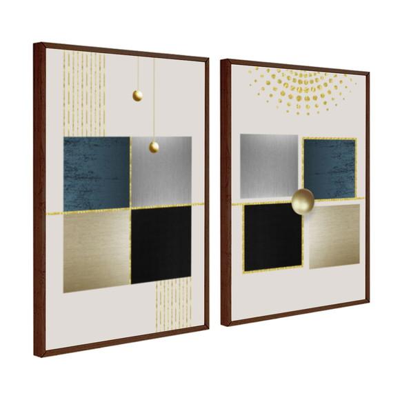 Kit 2 Quadros Decorativos Geométrico Dourado Moderno Moldura