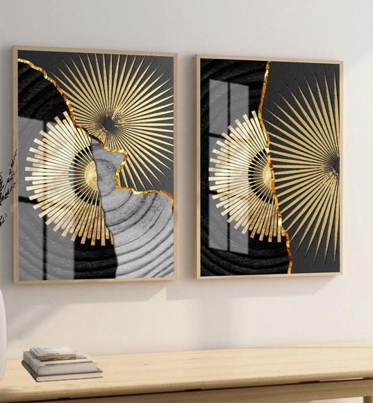 Kit 2 Quadros Decorativos Geométrico Dourado Moldura e Vidro