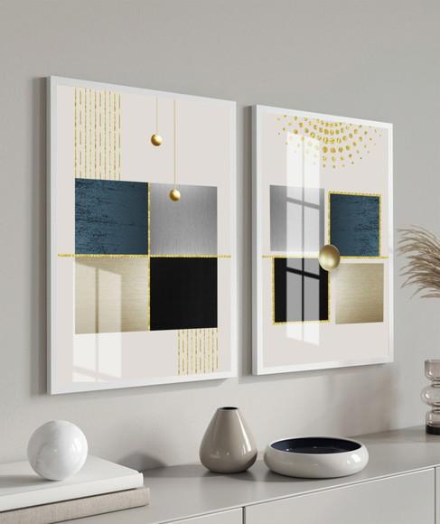 Kit 2 Quadros Decorativos Geométrico Dourado Moldura e Vidro