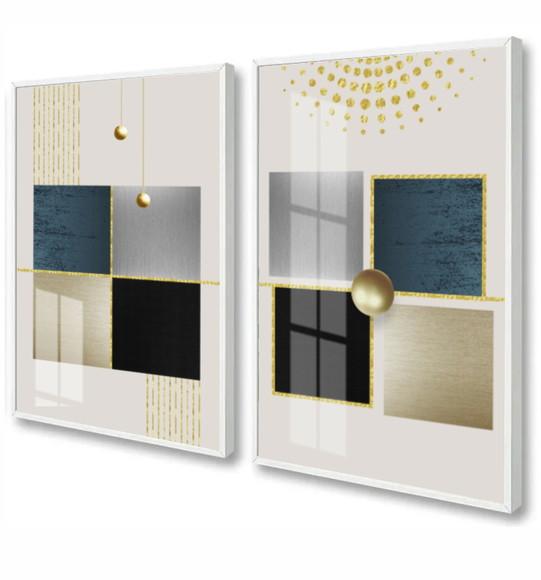 Kit 2 Quadros Decorativos Geométrico Dourado Moldura e Vidro