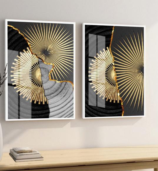 Kit 2 Quadros Decorativos Geométrico Dourado Moldura e Vidro