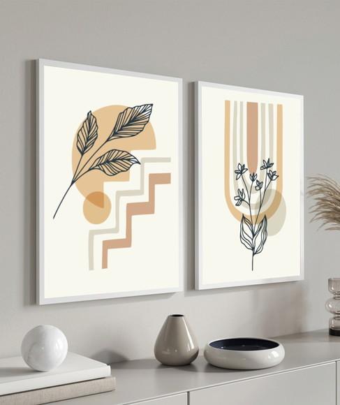 Kit 2 Quadros Decorativos Geométrico Flores Moderno Moldura