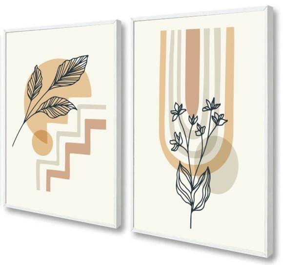 Kit 2 Quadros Decorativos Geométrico Flores Moderno Moldura
