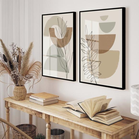 Kit 2 Quadros Decorativos Geométrico Folhas Moldura e Vidro