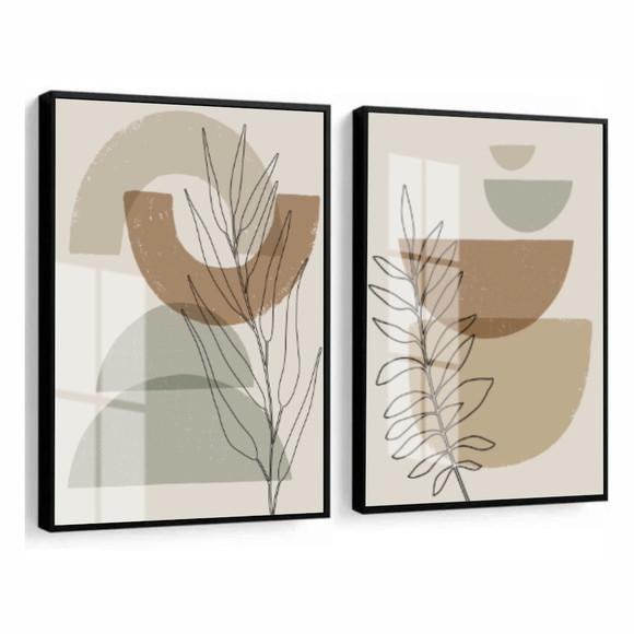 Kit 2 Quadros Decorativos Geométrico Folhas Moldura e Vidro
