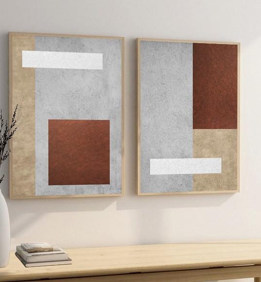 Kit 2 Quadros Decorativos Geométrico Marrom Bege com Moldura