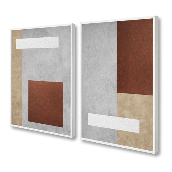Kit 2 Quadros Decorativos Geométrico Marrom Bege com Moldura