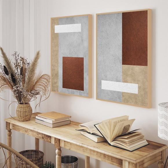 Kit 2 Quadros Decorativos Geométrico Marrom Bege com Moldura