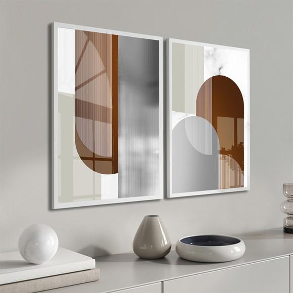 Kit 2 Quadros Decorativos Geométrico Marrom Moldura e Vidro