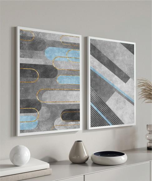 Kit 2 Quadros Decorativos Geométrico Moderno Azul Moldura