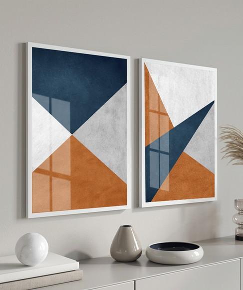 Kit 2 Quadros Decorativos Geométrico Moderno Moldura e Vidro