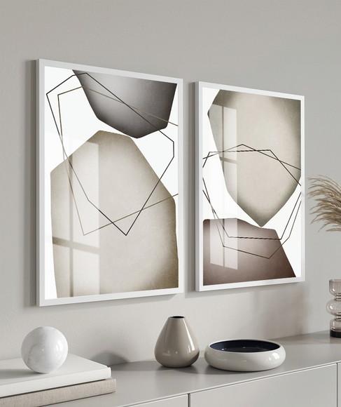 Kit 2 Quadros Decorativos Geométrico Moderno Moldura E Vidro
