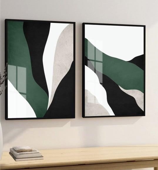 Kit 2 Quadros Decorativos Geométrico Verde com Moldura Vidro