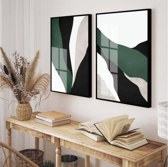 Kit 2 Quadros Decorativos Geométrico Verde com Moldura Vidro
