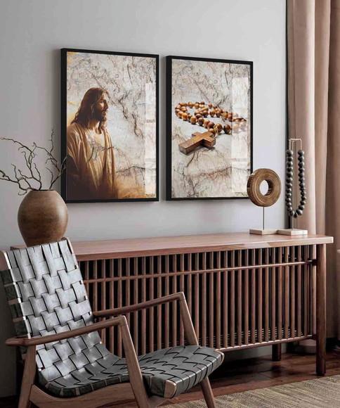Kit 2 Quadros Decorativos Jesus Cristo Oração Moldura Vidro