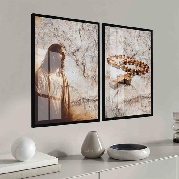 Kit 2 Quadros Decorativos Jesus Cristo Oração Moldura Vidro