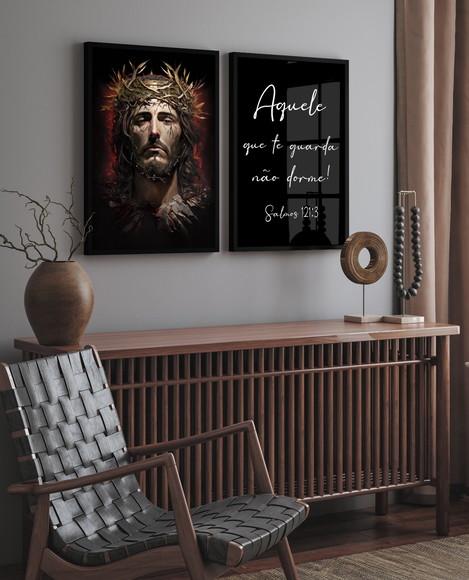 Kit 2 Quadros Decorativos Jesus Cristo Oração Moldura Vidro