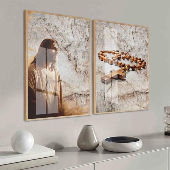 Kit 2 Quadros Decorativos Jesus Cristo Oração Terço Vidro