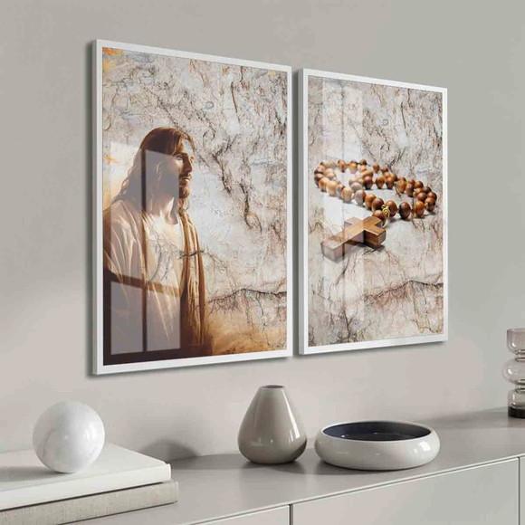 Kit 2 Quadros Decorativos Jesus Cristo Terço Oração Vidro