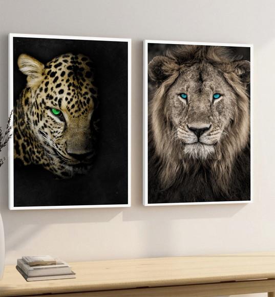 Kit 2 Quadros Decorativos Leão De Judá Onça Animais Moldura