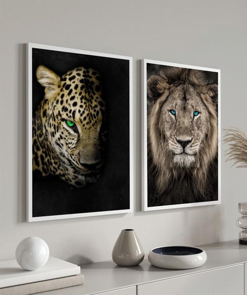 Kit 2 Quadros Decorativos Leão De Judá Onça Animais Moldura