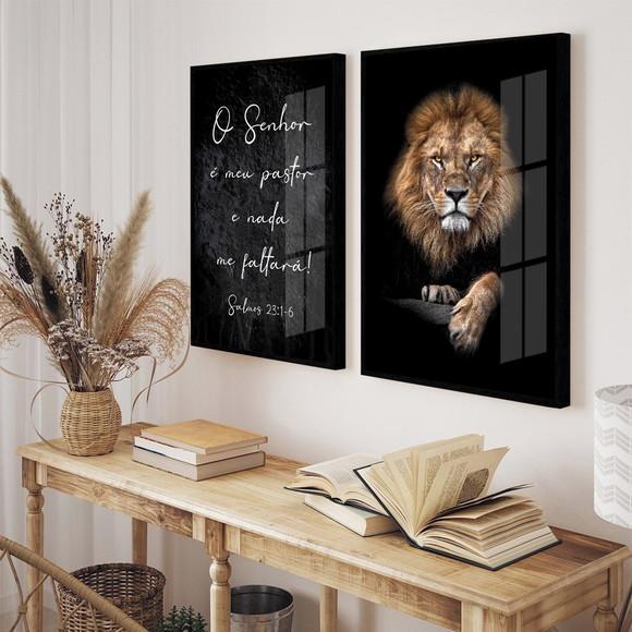Kit 2 Quadros Decorativos Leão Frases com Moldura e Vidro