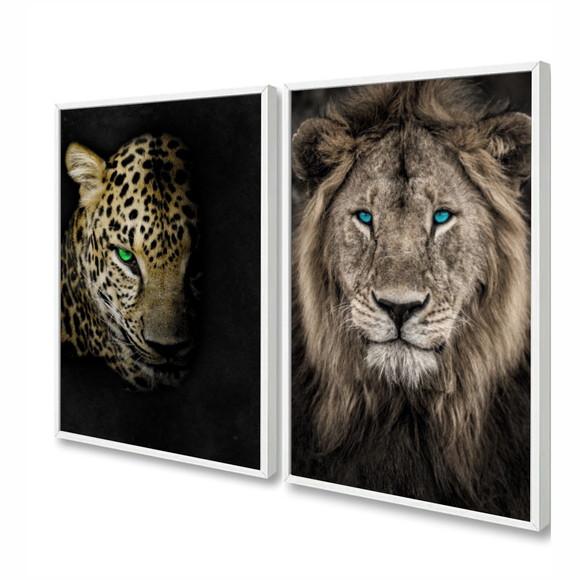 Kit 2 Quadros Decorativos Leão De Judá Onça Animais Moldura