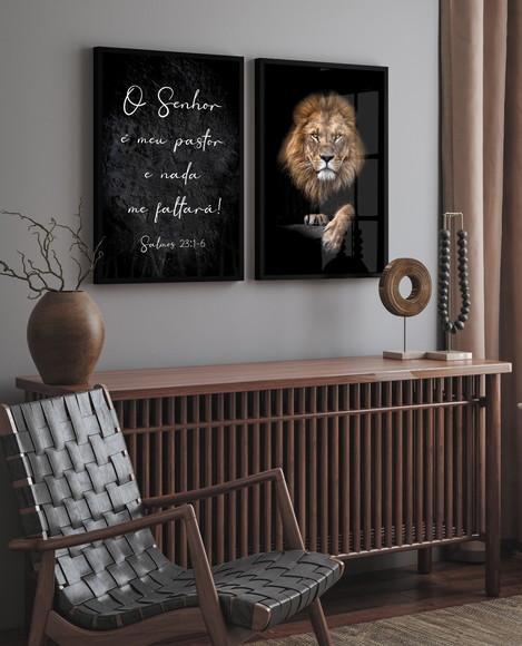 Kit 2 Quadros Decorativos Leão Frases com Moldura e Vidro