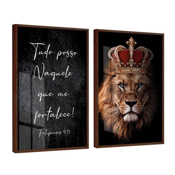 Kit 2 Quadros Decorativos Leão Frases Jesus Moldura e Vidro