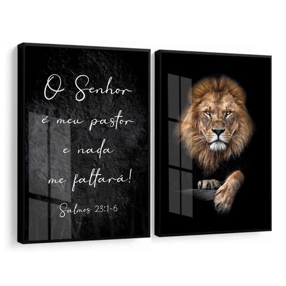 Kit 2 Quadros Decorativos Leão Frases com Moldura e Vidro