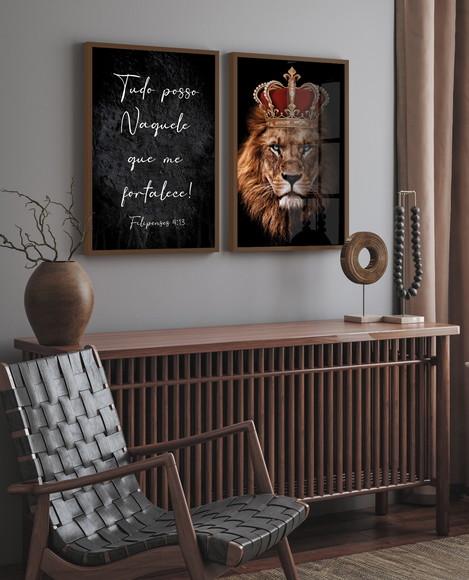 Kit 2 Quadros Decorativos Leão Frases Jesus Moldura e Vidro
