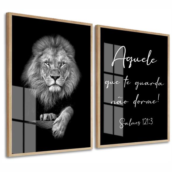 Kit 2 Quadros Decorativos Leão Frases Oração Moldura E Vidro