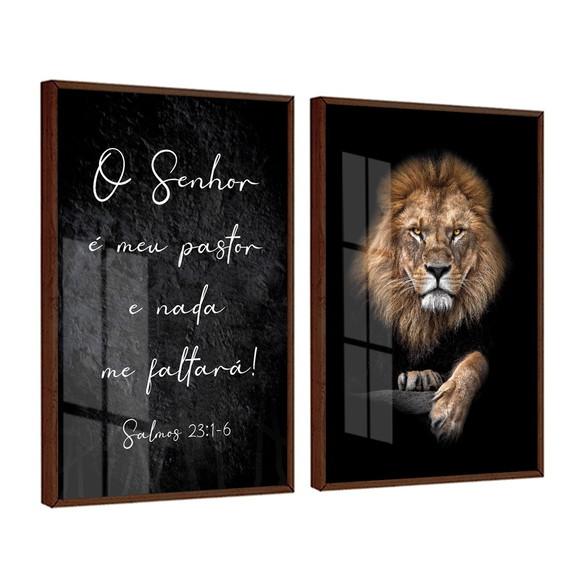 Kit 2 Quadros Decorativos Leão Frases Religioso com Vidro
