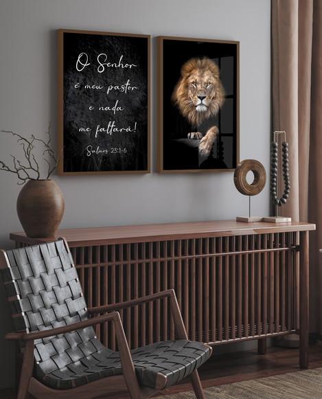 Kit 2 Quadros Decorativos Leão Frases Religioso com Vidro