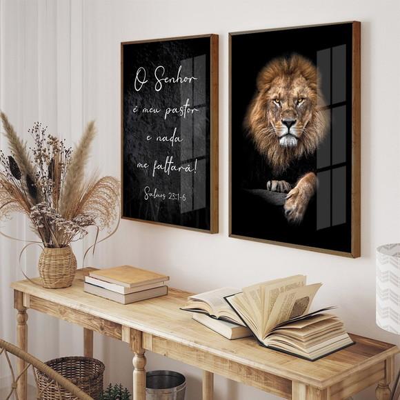 Kit 2 Quadros Decorativos Leão Frases Religioso com Vidro