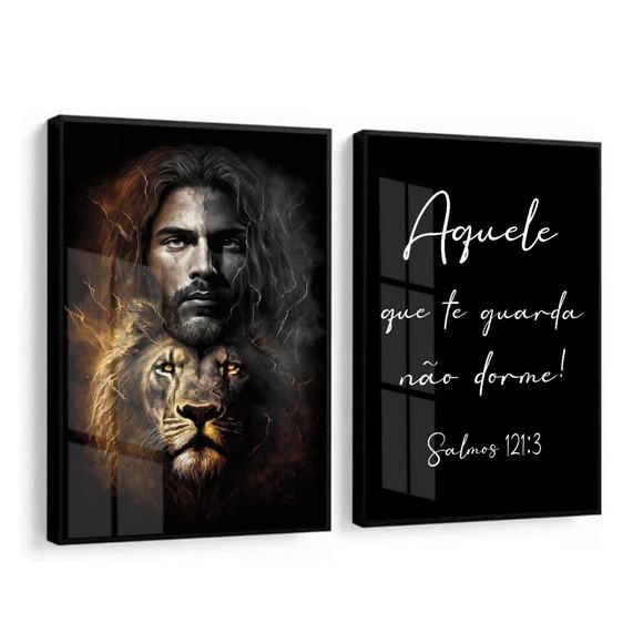 Kit 2 Quadros Decorativos Leão Jesus Cristo Moldura e Vidro