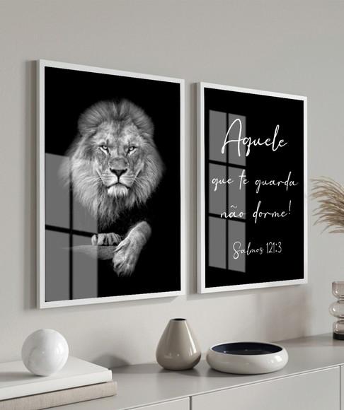 Kit 2 Quadros Decorativos Leão Oração Com Moldura E Vidro