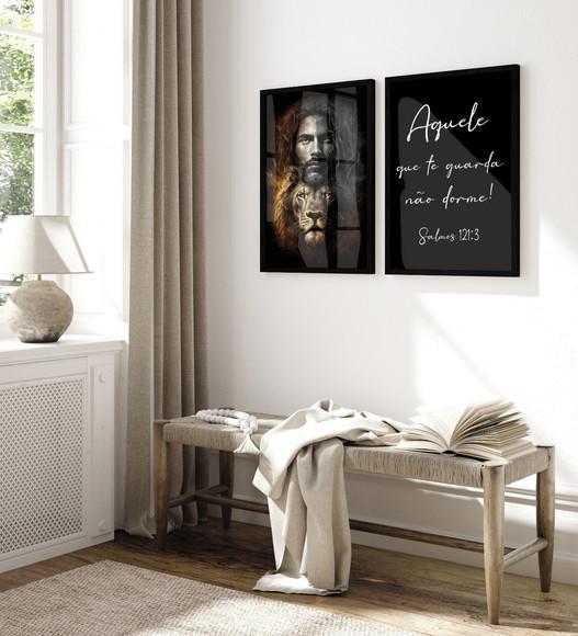 Kit 2 Quadros Decorativos Leão Jesus Cristo Moldura e Vidro