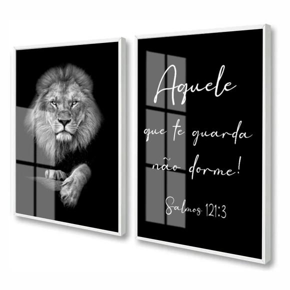 Kit 2 Quadros Decorativos Leão Oração Com Moldura E Vidro