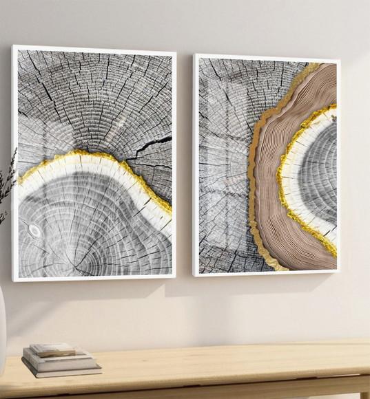 Kit 2 Quadros Decorativos Madeira Dourada Gold Moldura Vidro