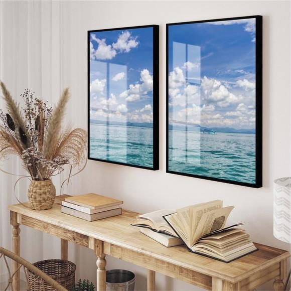 Kit 2 Quadros Decorativos Mar Azul Paisagem Moldura e Vidro