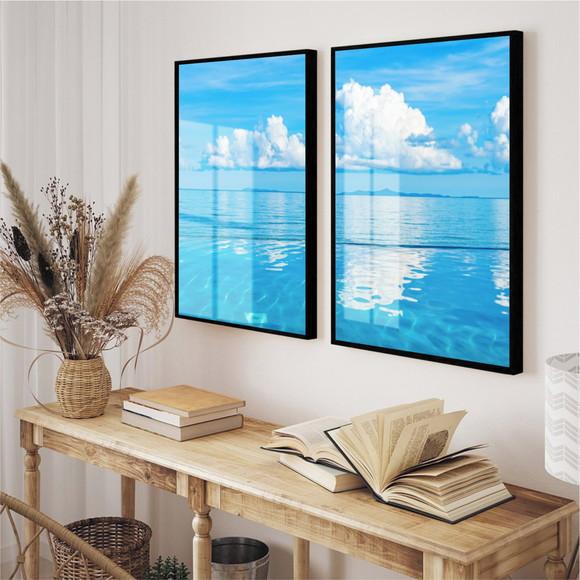 Kit 2 Quadros Decorativos Mar Azul Paisagem Moldura e Vidro