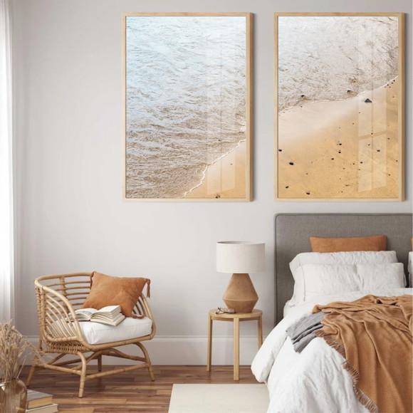 Kit 2 Quadros Decorativos Mar Praia para Sala Moldura Vidro
