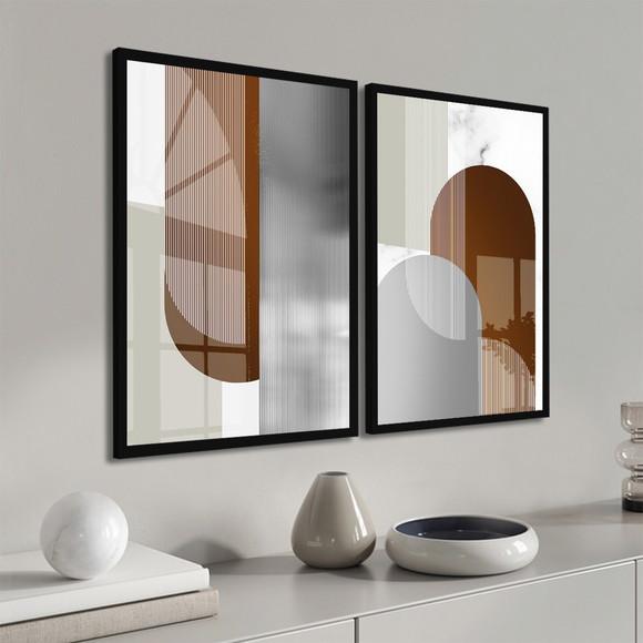 Kit 2 Quadros Decorativos Marrom Geométrico Moldura e Vidro